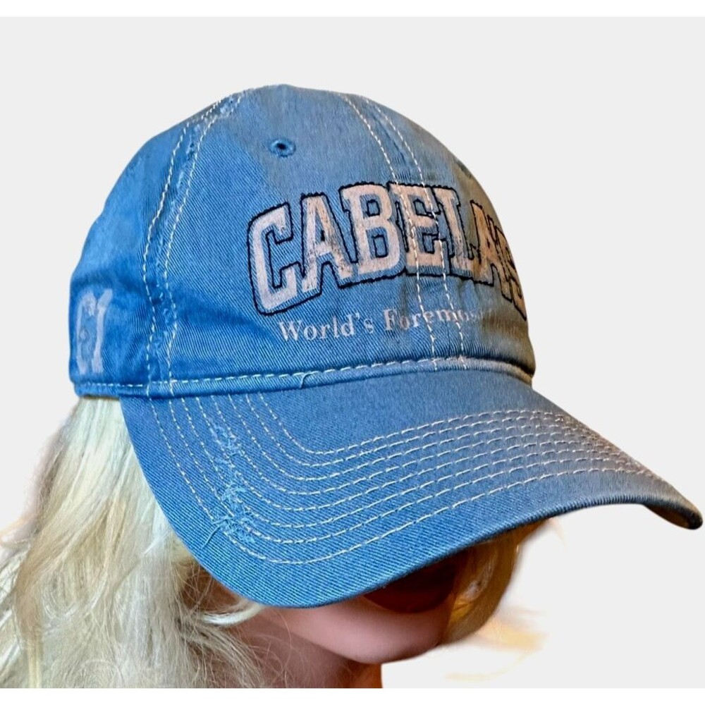 Cabela’s Foremost outfitter distressed blue baseball cap buckle adjustment back